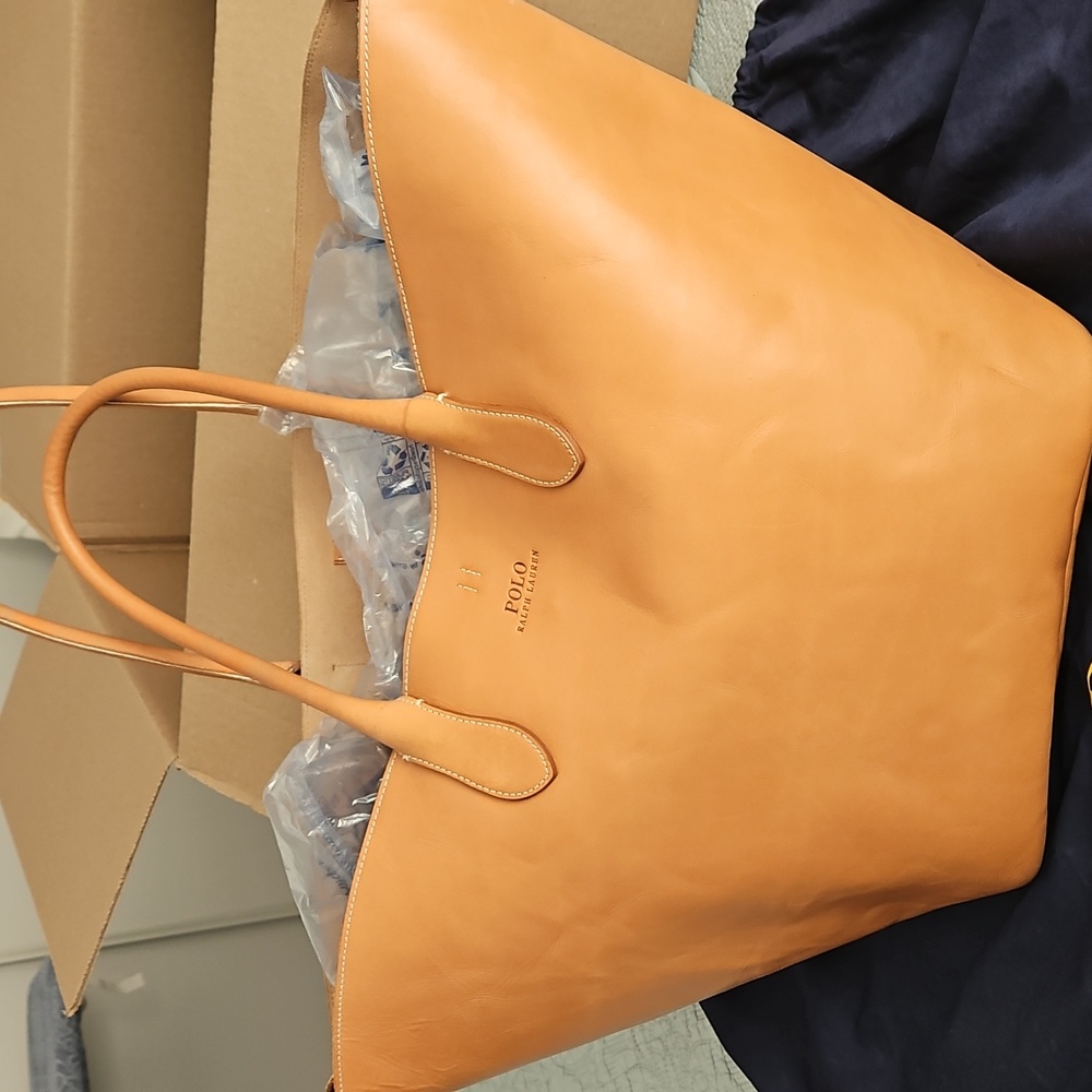 Rare LARGE Polo Ralph Lauren BELLPORT Natural Honey Leather Tote LIKE NEW *read*